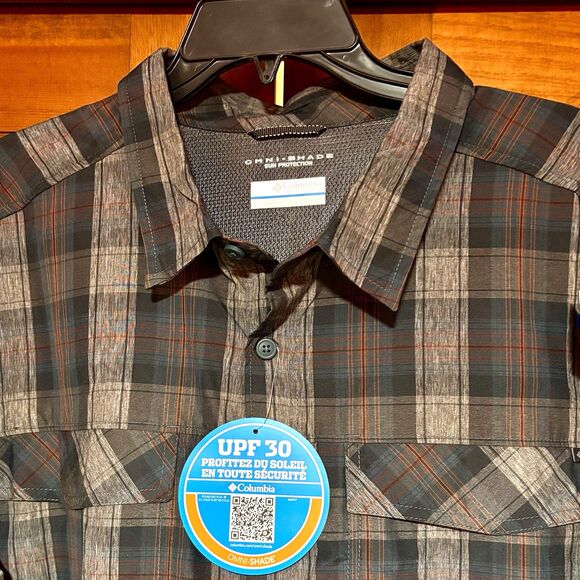Columbia Omni Shade Shirt Men's XXL UPF 30 Plaid Gray Brown Roll Tab Sleeve NEW - Picture 2 of 10